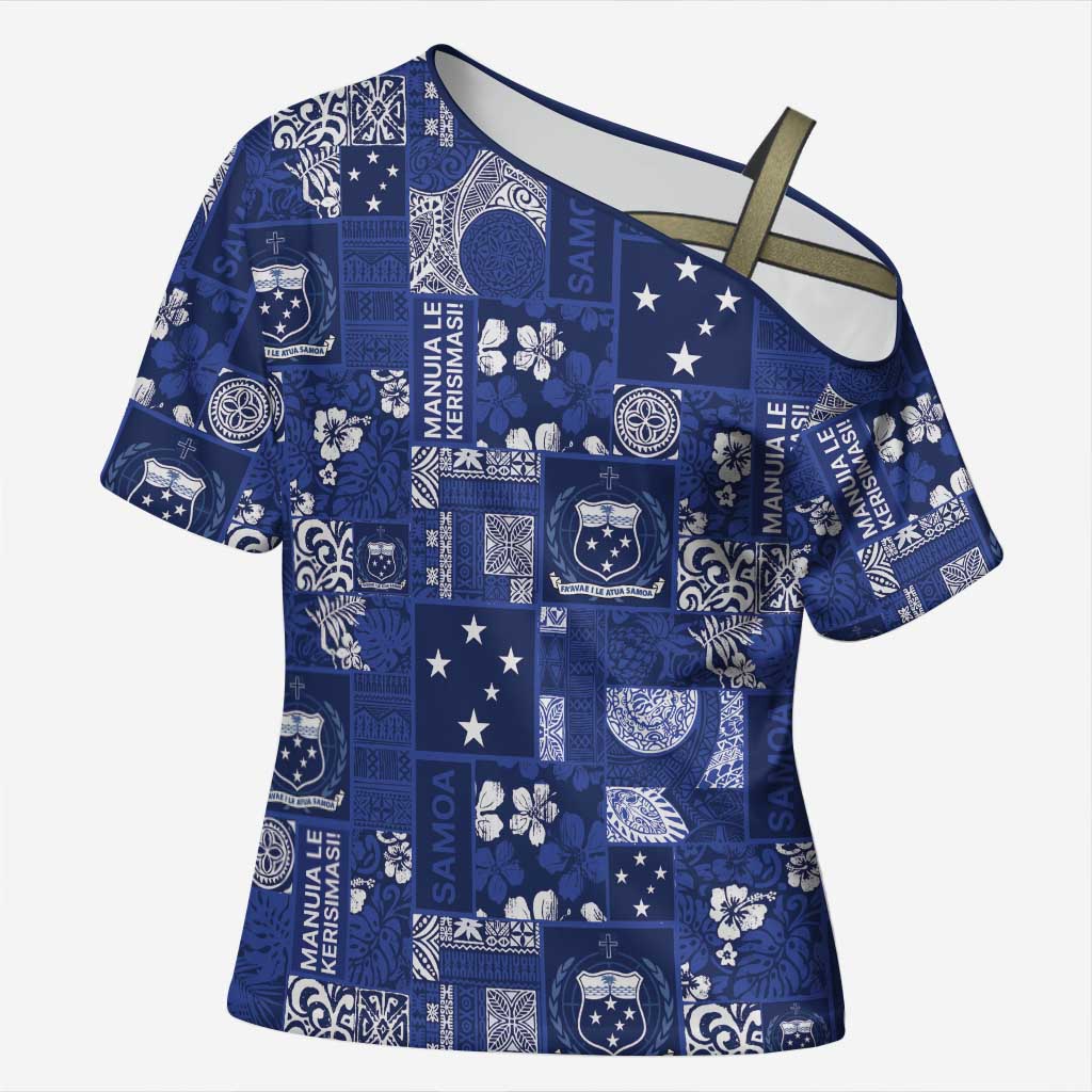 Blue Samoa Manuia Le Kerisimasi Cross Shoulder Shirt Pacific Patchwork Xmas Vibes - Polynesian Pride