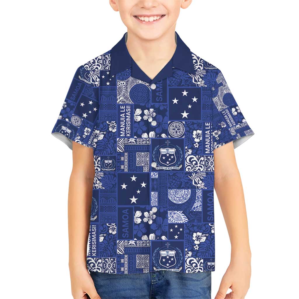 Blue Samoa Manuia Le Kerisimasi Family Matching Long Sleeve Bodycon Dress and Hawaiian Shirt Pacific Patchwork Xmas Vibes - Polynesian Pride