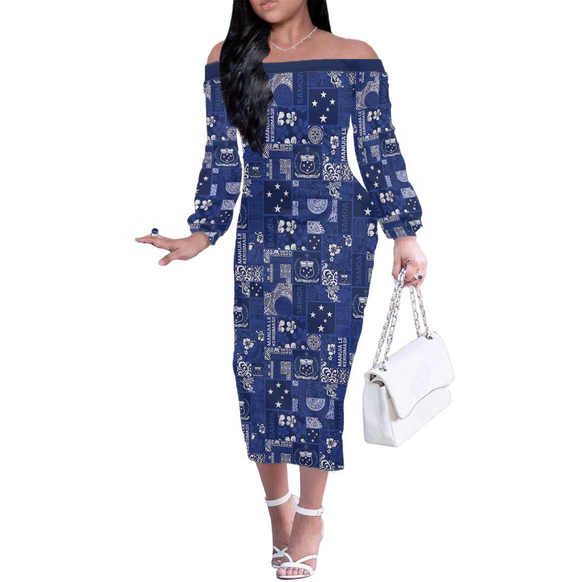 Blue Samoa Manuia Le Kerisimasi Family Matching Off The Shoulder Long Sleeve Dress and Hawaiian Shirt Pacific Patchwork Xmas Vibes - Polynesian Pride