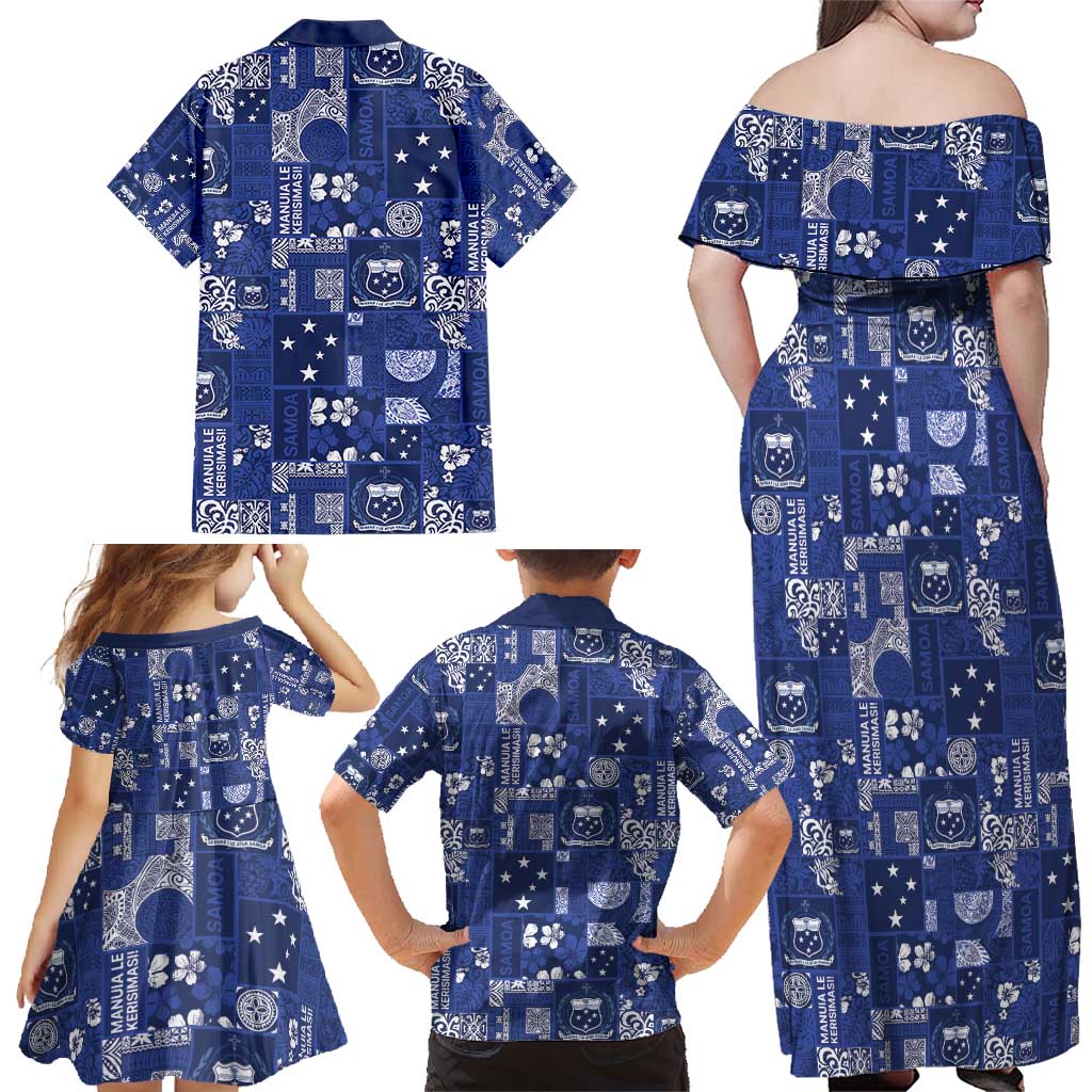 Blue Samoa Manuia Le Kerisimasi Family Matching Off Shoulder Maxi Dress and Hawaiian Shirt Pacific Patchwork Xmas Vibes - Polynesian Pride