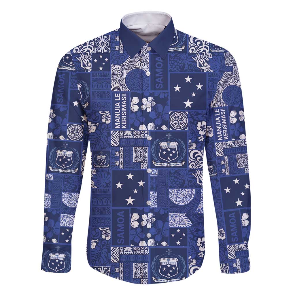 Blue Samoa Manuia Le Kerisimasi Family Matching Off Shoulder Short Dress and Hawaiian Shirt Pacific Patchwork Xmas Vibes - Polynesian Pride