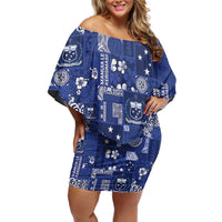 Blue Samoa Manuia Le Kerisimasi Family Matching Off Shoulder Short Dress and Hawaiian Shirt Pacific Patchwork Xmas Vibes - Polynesian Pride