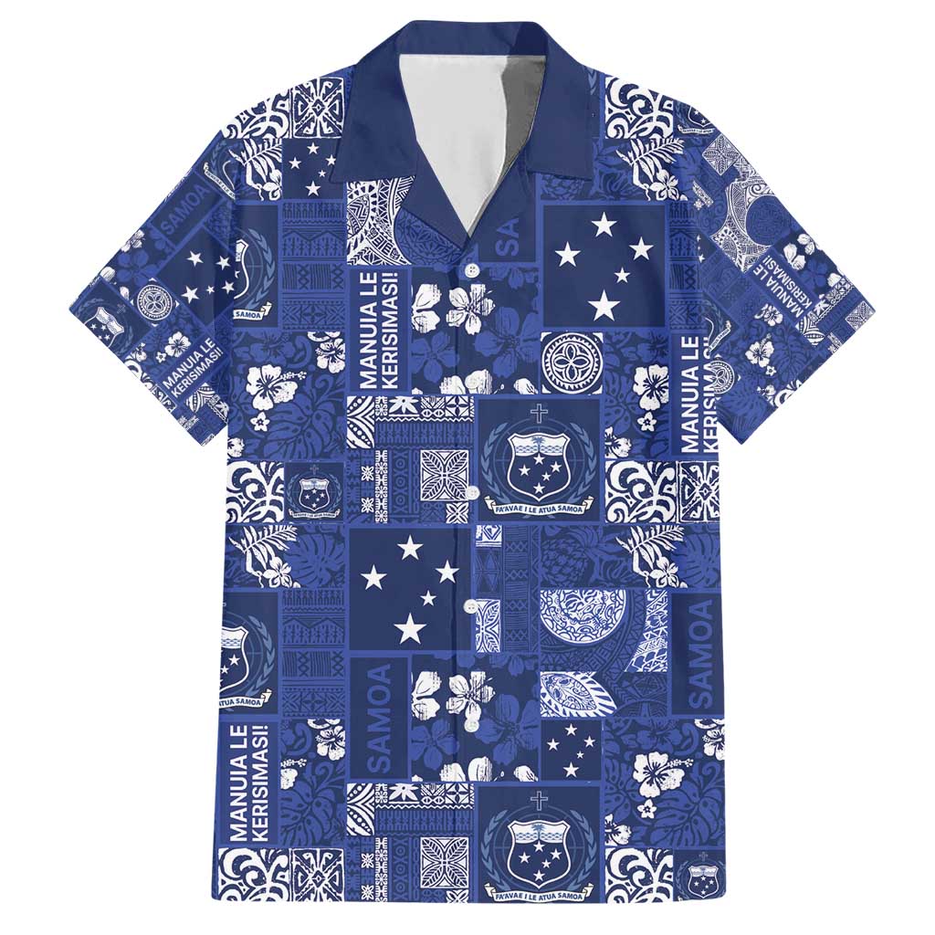 Blue Samoa Manuia Le Kerisimasi Family Matching Short Sleeve Bodycon Dress and Hawaiian Shirt Pacific Patchwork Xmas Vibes - Polynesian Pride