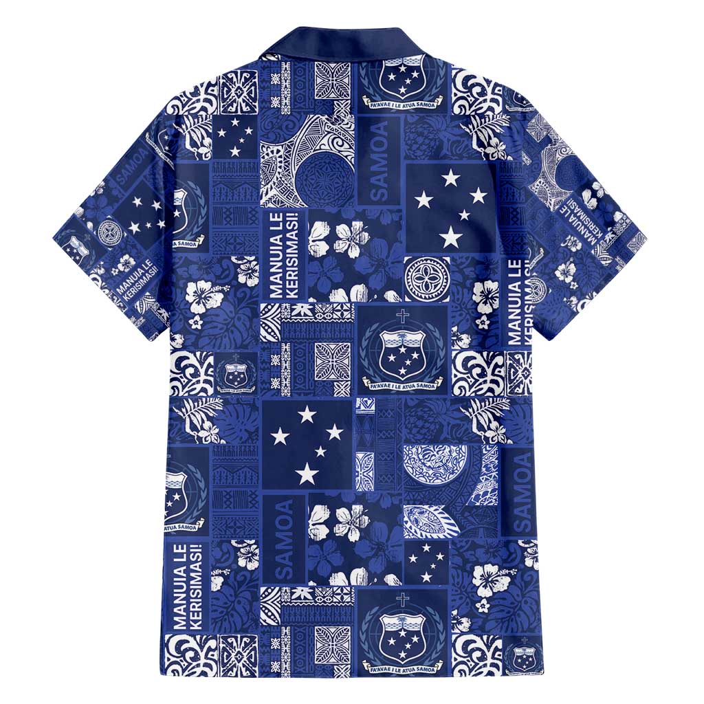 Blue Samoa Manuia Le Kerisimasi Family Matching Short Sleeve Bodycon Dress and Hawaiian Shirt Pacific Patchwork Xmas Vibes - Polynesian Pride