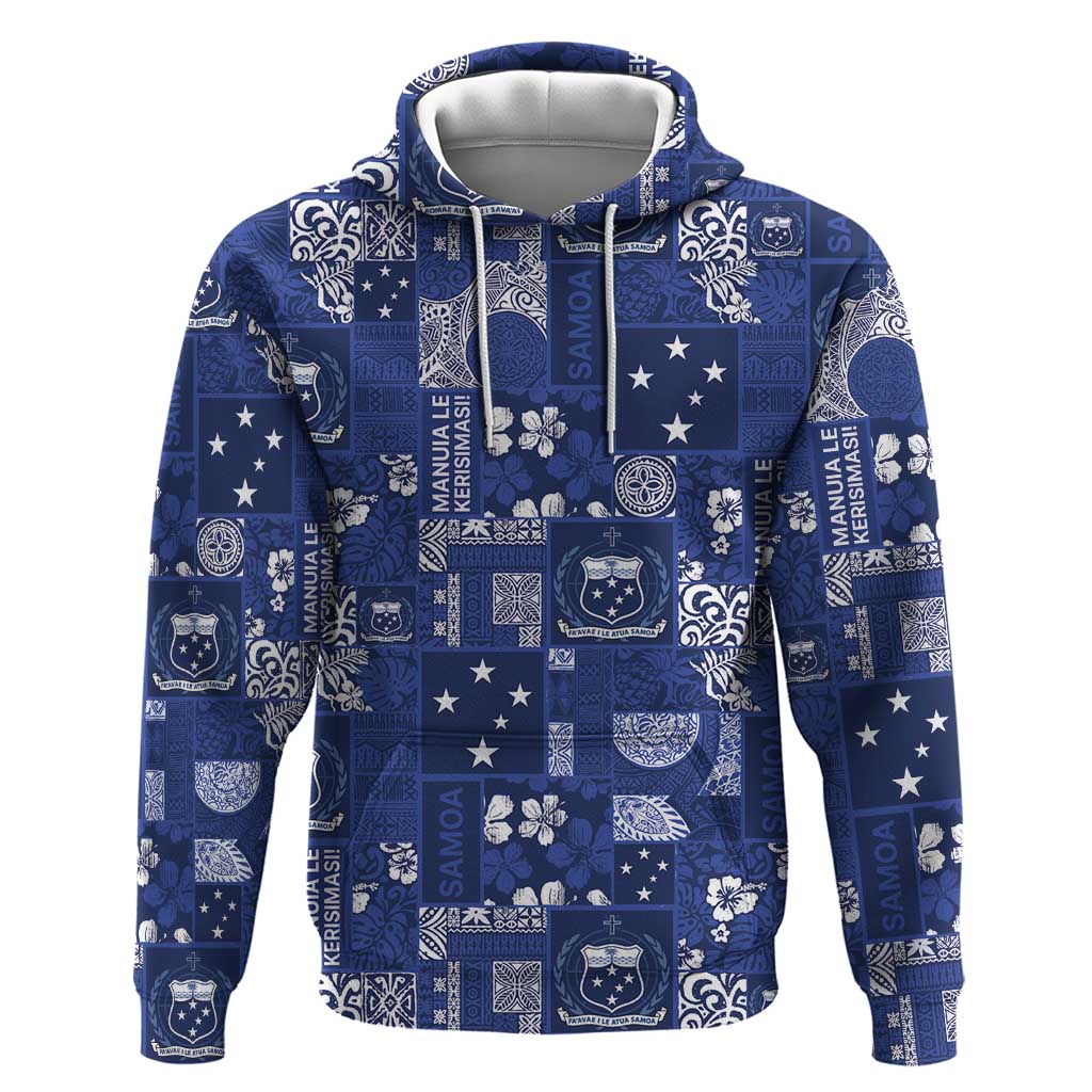Blue Samoa Manuia Le Kerisimasi Hoodie Pacific Patchwork Xmas Vibes LT9 Pullover Hoodie Blue - Polynesian Pride