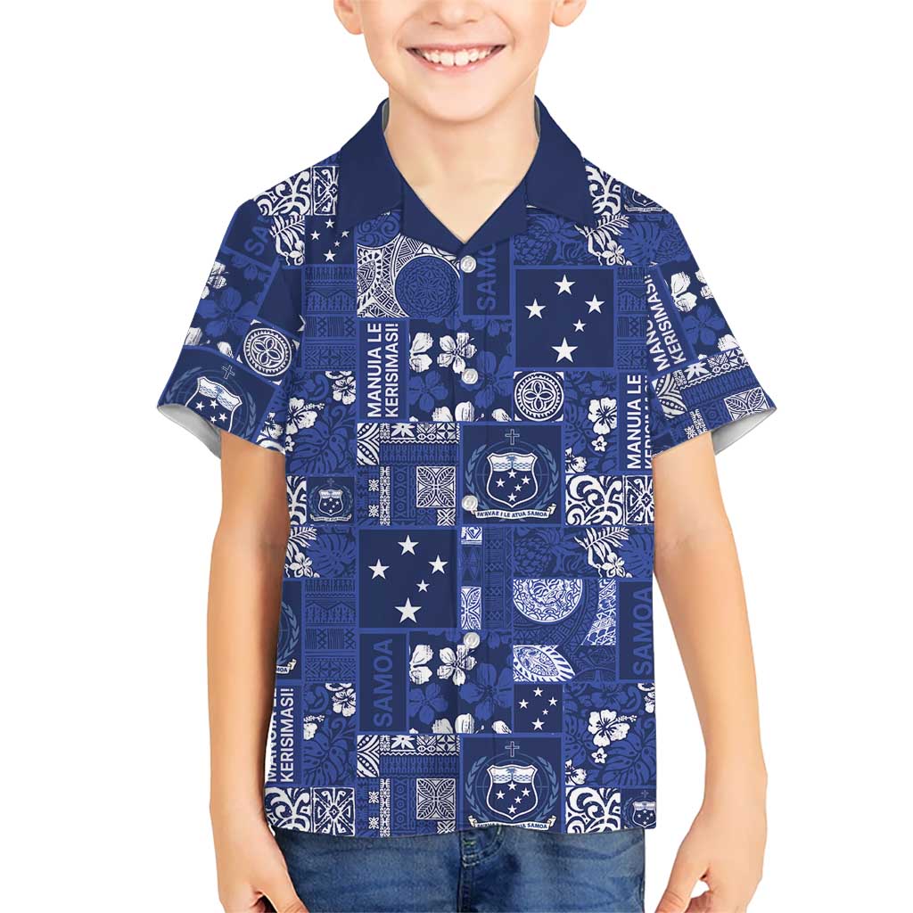 Blue Samoa Manuia Le Kerisimasi Kid Hawaiian Shirt Pacific Patchwork Xmas Vibes LT9 Kid Blue - Polynesian Pride