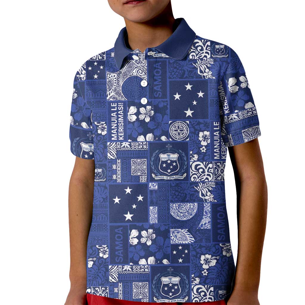 Blue Samoa Manuia Le Kerisimasi Kid Polo Shirt Pacific Patchwork Xmas Vibes LT9 Kid Blue - Polynesian Pride