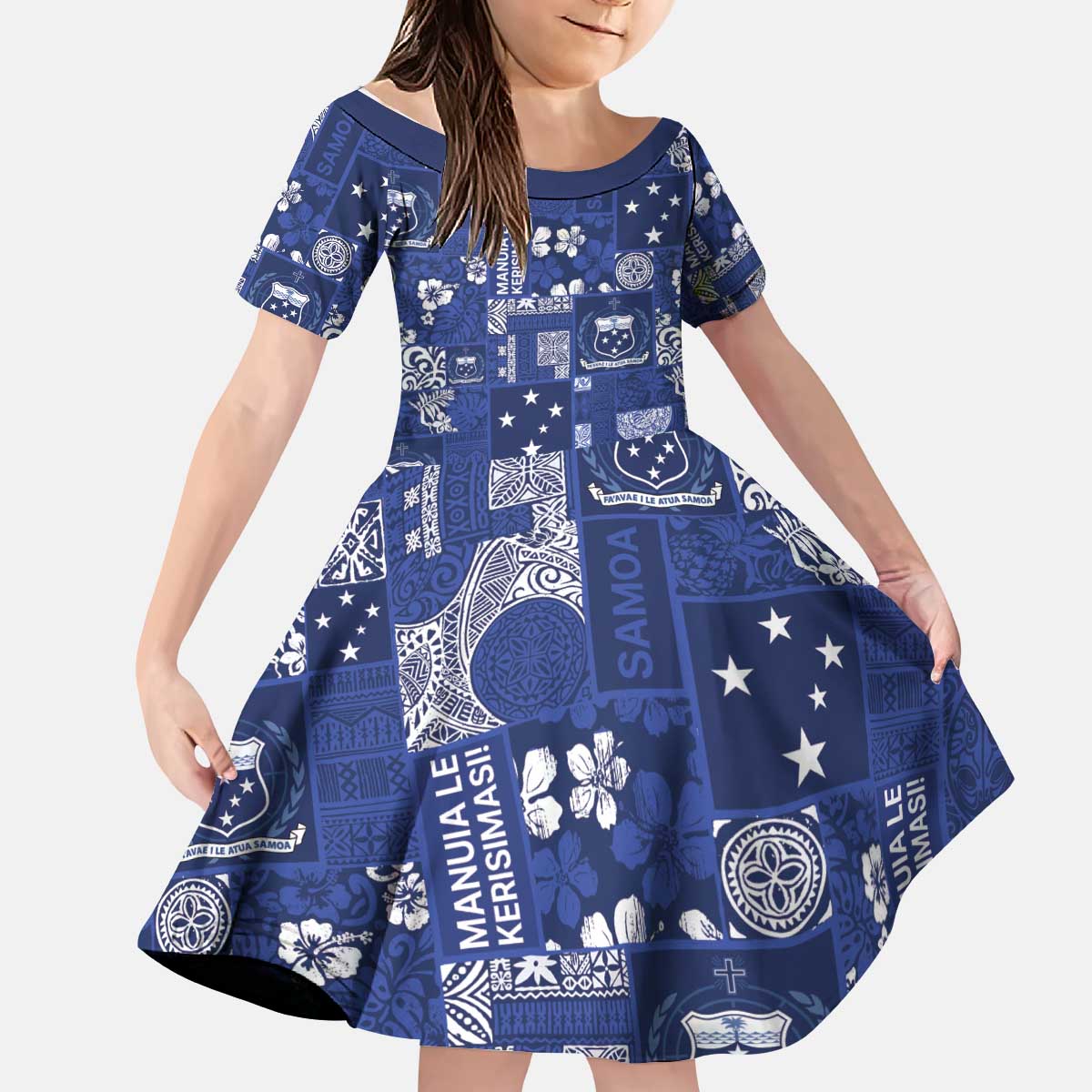 Blue Samoa Manuia Le Kerisimasi Kid Short Sleeve Dress Pacific Patchwork Xmas Vibes LT9 KID Blue - Polynesian Pride