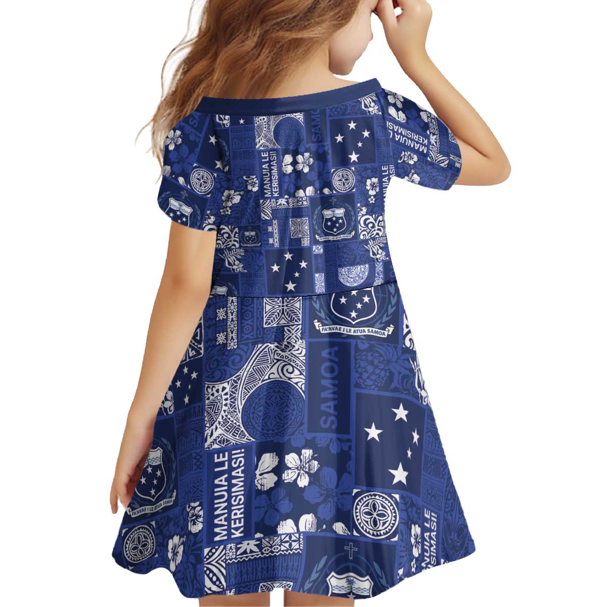 Blue Samoa Manuia Le Kerisimasi Kid Short Sleeve Dress Pacific Patchwork Xmas Vibes LT9 - Polynesian Pride