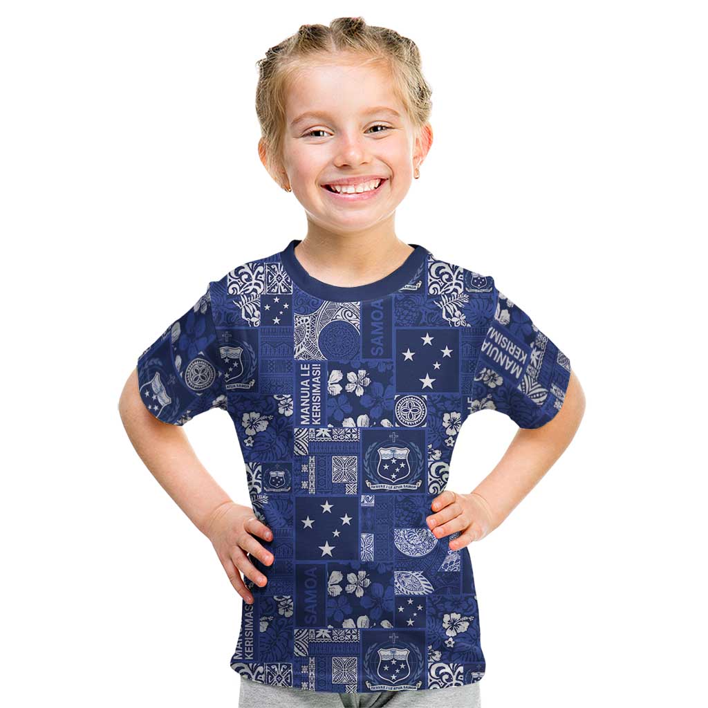 Blue Samoa Manuia Le Kerisimasi Kid T Shirt Pacific Patchwork Xmas Vibes LT9 Blue - Polynesian Pride