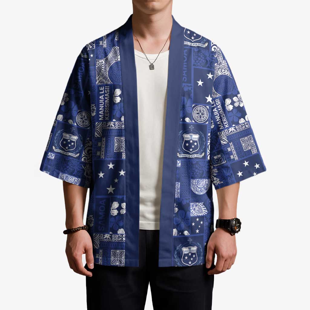 Blue Samoa Manuia Le Kerisimasi Kimono Pacific Patchwork Xmas Vibes - Polynesian Pride