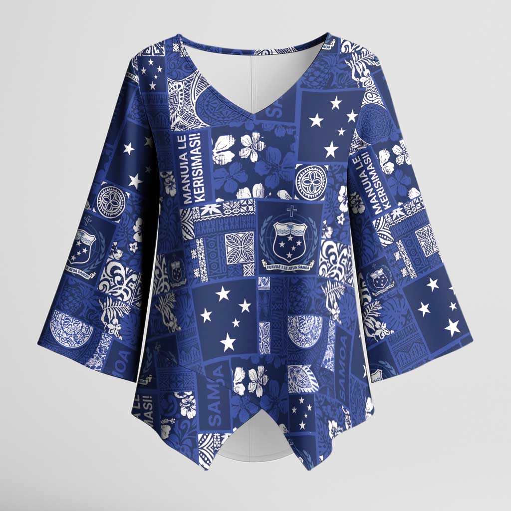 Blue Samoa Manuia Le Kerisimasi Kimono Sleeve Blouse Pacific Patchwork Xmas Vibes LT9 Female Blue - Polynesian Pride