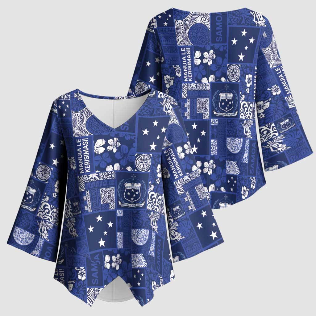 Blue Samoa Manuia Le Kerisimasi Kimono Sleeve Blouse Pacific Patchwork Xmas Vibes LT9 - Polynesian Pride