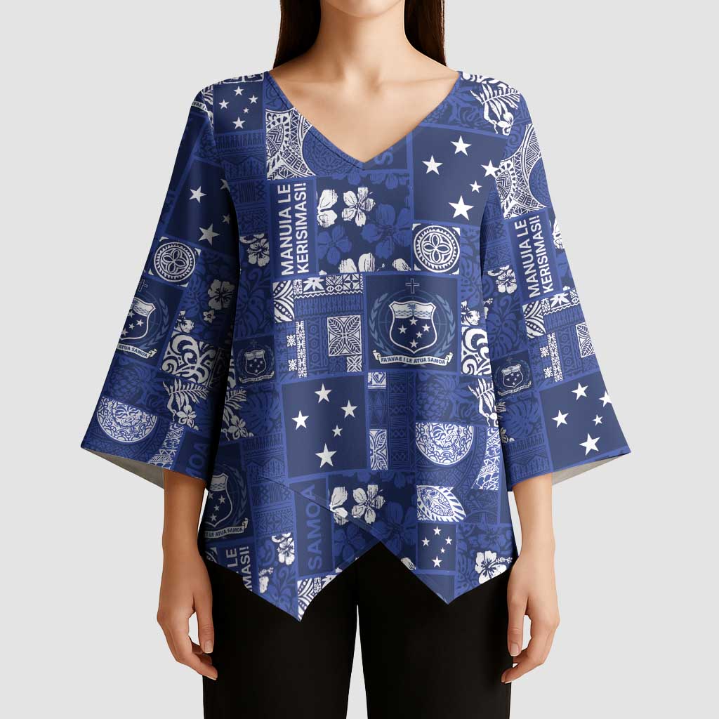Blue Samoa Manuia Le Kerisimasi Kimono Sleeve Blouse Pacific Patchwork Xmas Vibes LT9 - Polynesian Pride