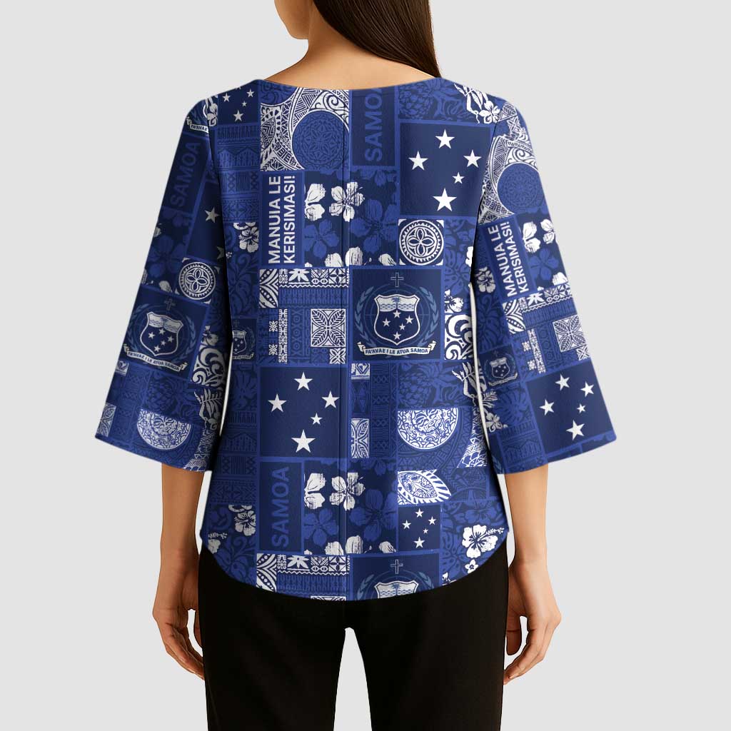 Blue Samoa Manuia Le Kerisimasi Kimono Sleeve Blouse Pacific Patchwork Xmas Vibes LT9 - Polynesian Pride