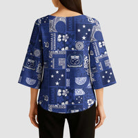 Blue Samoa Manuia Le Kerisimasi Kimono Sleeve Blouse Pacific Patchwork Xmas Vibes LT9 - Polynesian Pride