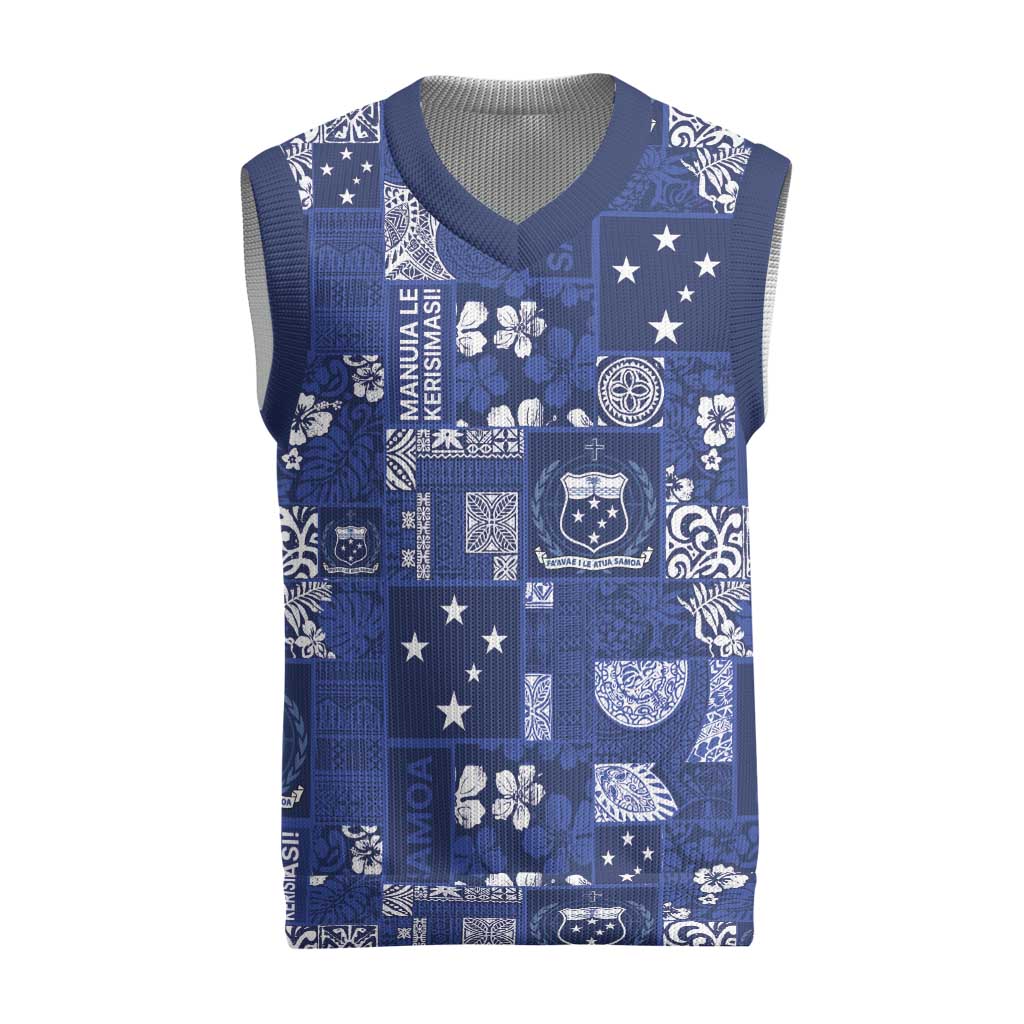 Blue Samoa Manuia Le Kerisimasi Christmas Knitted V-Neck Vest Pacific Patchwork Xmas Vibes LT9 Blue - Polynesian Pride