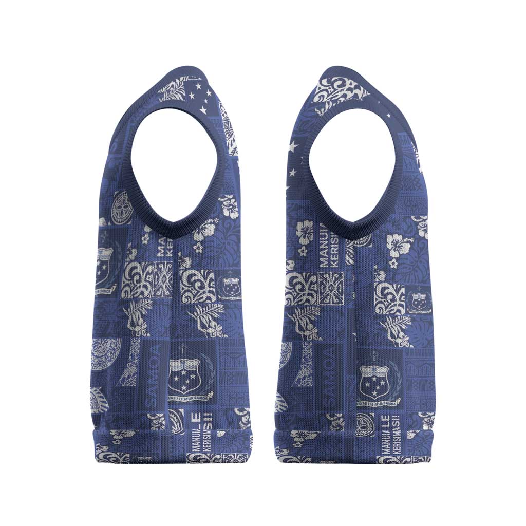 Blue Samoa Manuia Le Kerisimasi Christmas Knitted V-Neck Vest Pacific Patchwork Xmas Vibes LT9 - Polynesian Pride