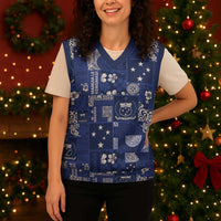 Blue Samoa Manuia Le Kerisimasi Christmas Knitted V-Neck Vest Pacific Patchwork Xmas Vibes LT9 - Polynesian Pride
