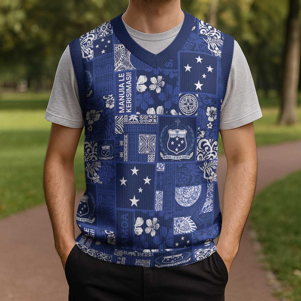 Blue Samoa Manuia Le Kerisimasi Christmas Knitted V-Neck Vest Pacific Patchwork Xmas Vibes LT9 - Polynesian Pride
