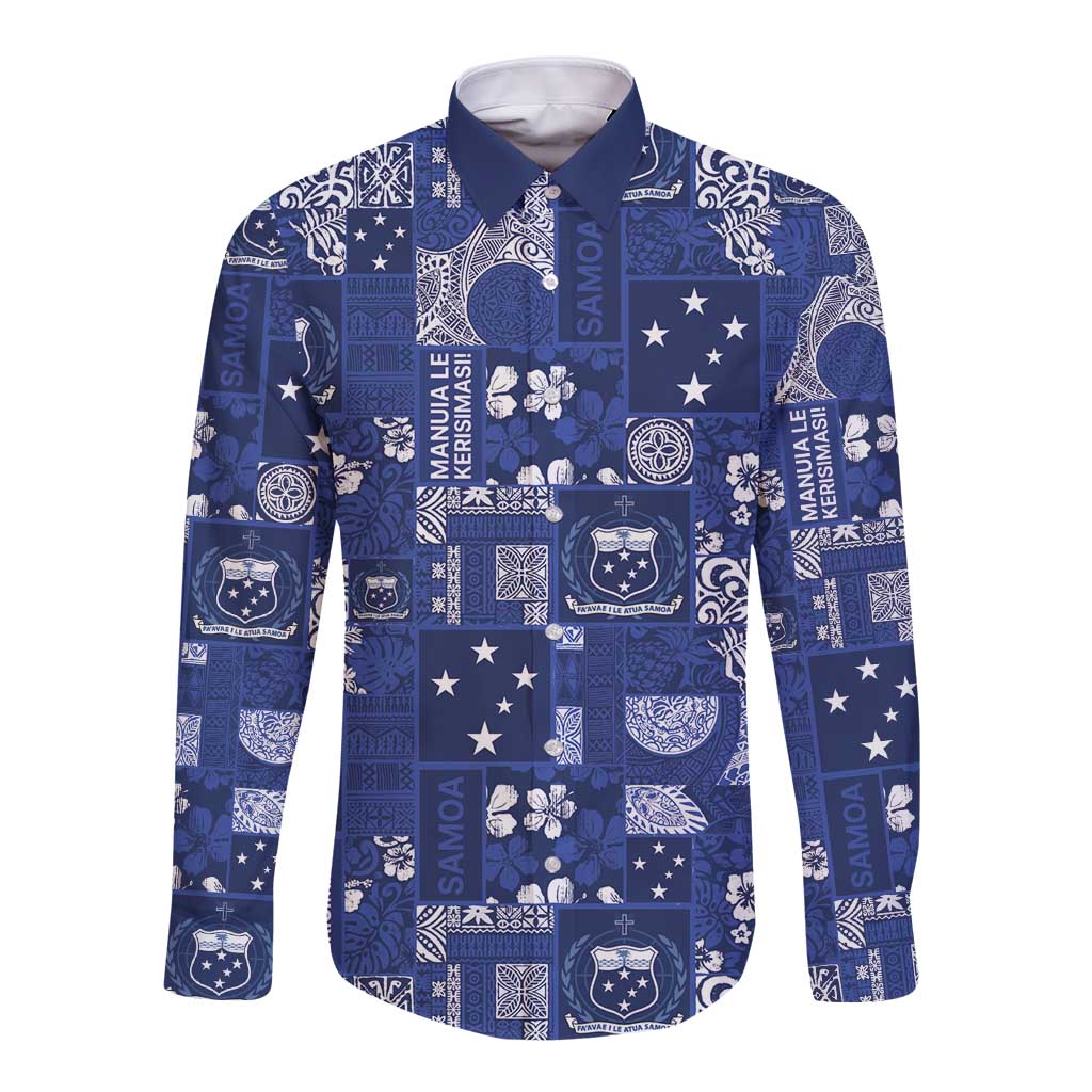 Blue Samoa Manuia Le Kerisimasi Long Sleeve Button Shirt Pacific Patchwork Xmas Vibes LT9 Unisex Blue - Polynesian Pride