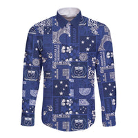 Blue Samoa Manuia Le Kerisimasi Long Sleeve Button Shirt Pacific Patchwork Xmas Vibes LT9 Unisex Blue - Polynesian Pride
