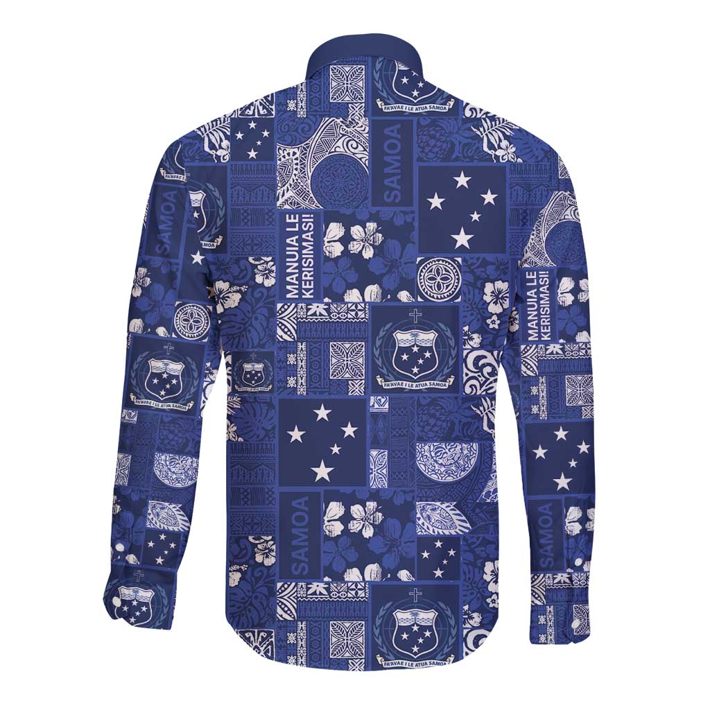 Blue Samoa Manuia Le Kerisimasi Long Sleeve Button Shirt Pacific Patchwork Xmas Vibes LT9 - Polynesian Pride