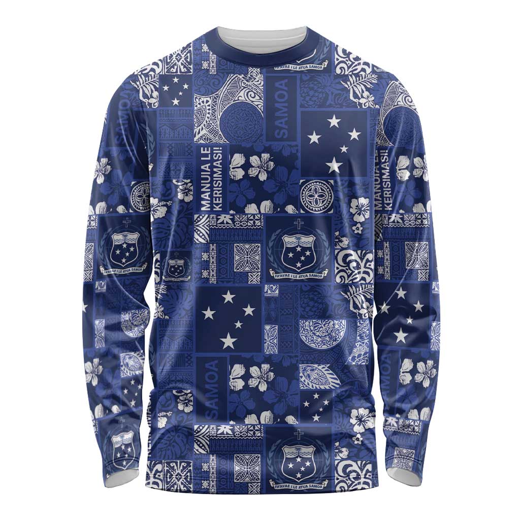 Blue Samoa Manuia Le Kerisimasi Long Sleeve Shirt Pacific Patchwork Xmas Vibes LT9 Unisex Blue - Polynesian Pride
