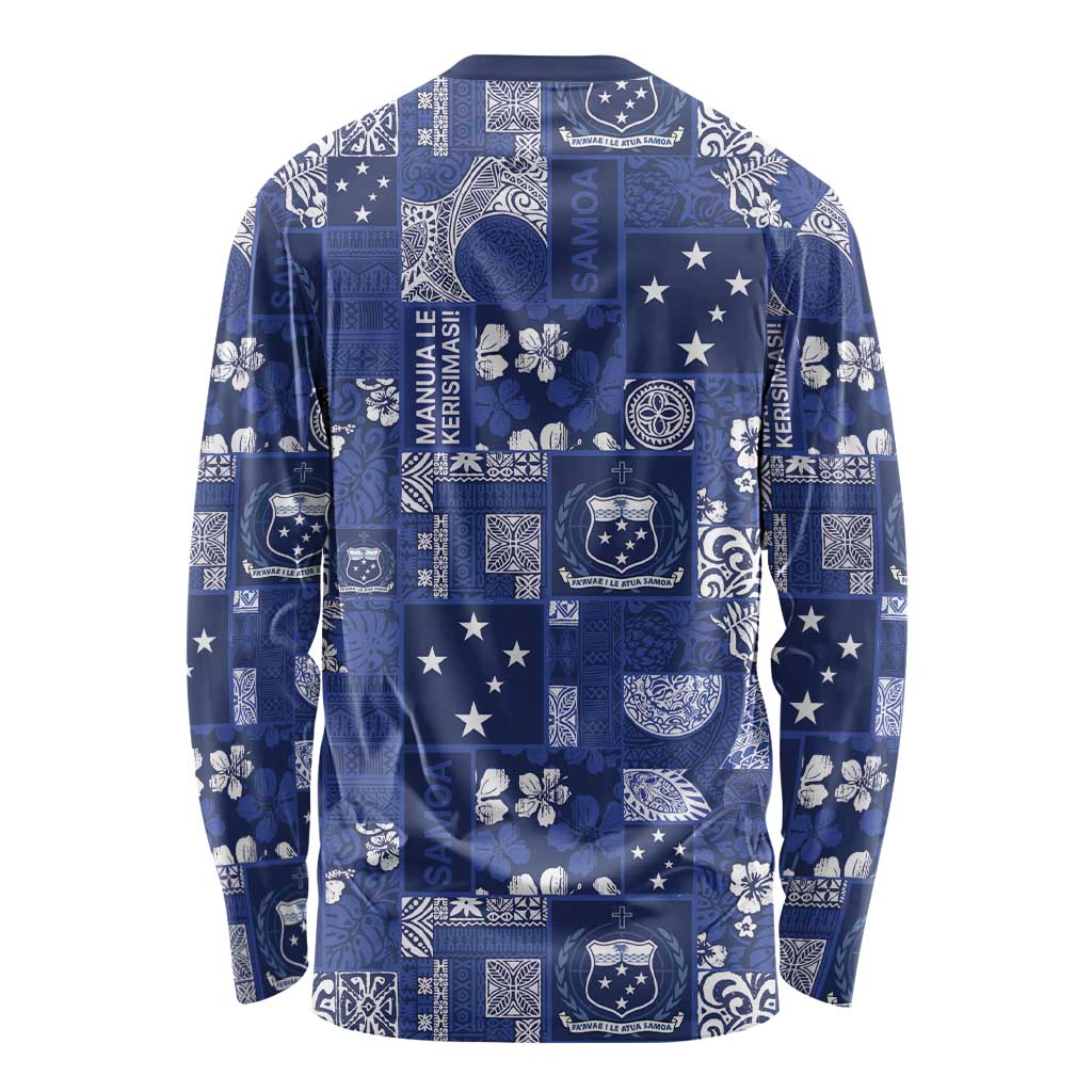 Blue Samoa Manuia Le Kerisimasi Long Sleeve Shirt Pacific Patchwork Xmas Vibes LT9 - Polynesian Pride