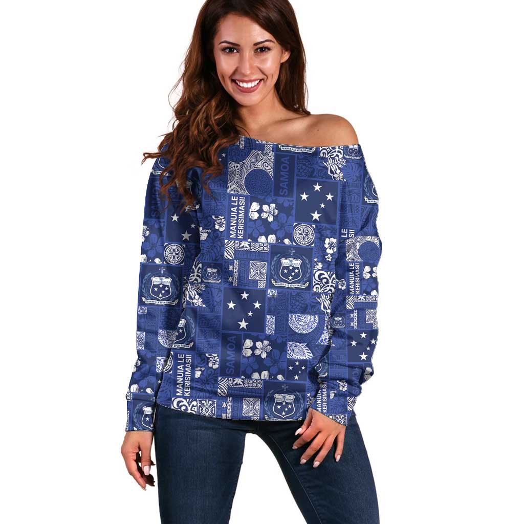 Blue Samoa Manuia Le Kerisimasi Off Shoulder Sweater Pacific Patchwork Xmas Vibes - Polynesian Pride