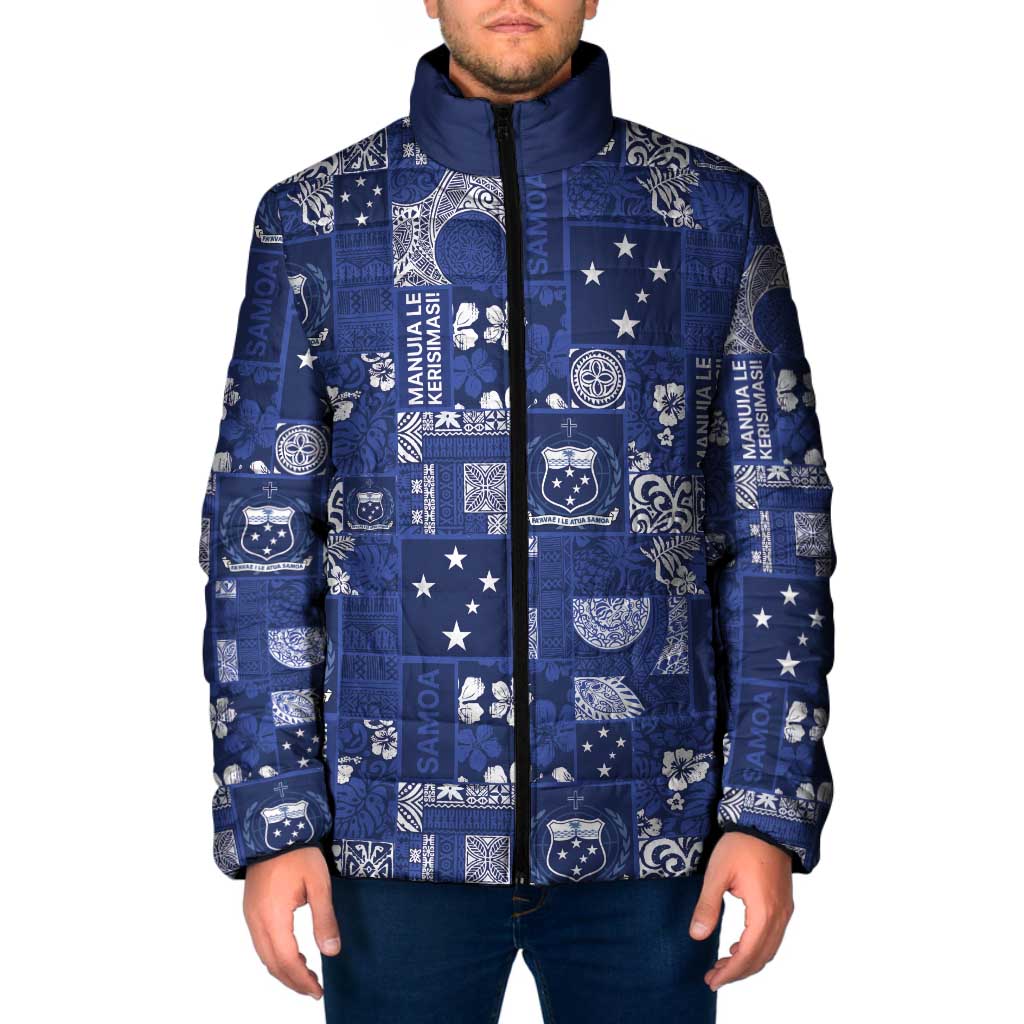 Blue Samoa Manuia Le Kerisimasi Padded Jacket Pacific Patchwork Xmas Vibes LT9 Men Blue - Polynesian Pride