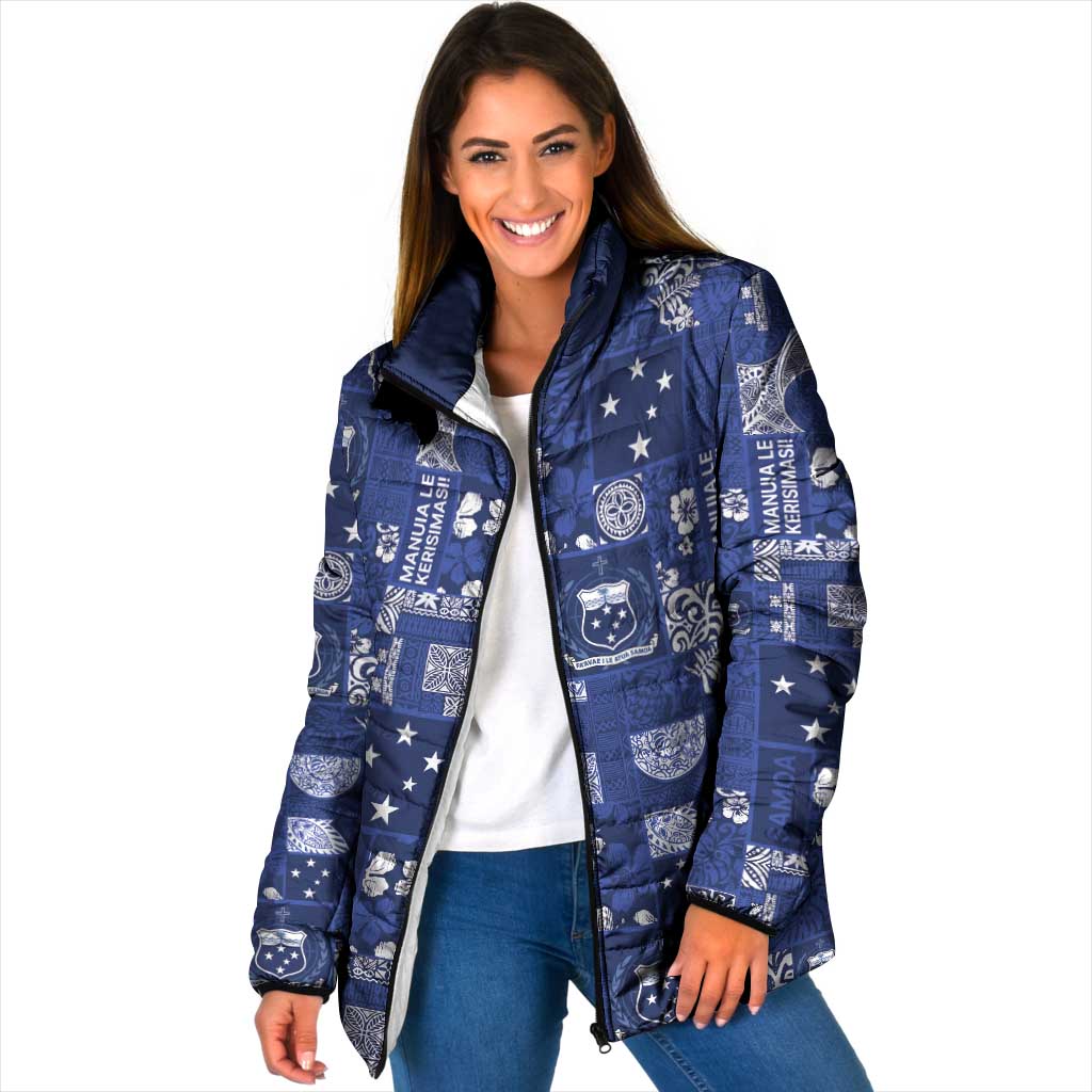 Blue Samoa Manuia Le Kerisimasi Padded Jacket Pacific Patchwork Xmas Vibes LT9 Women Blue - Polynesian Pride