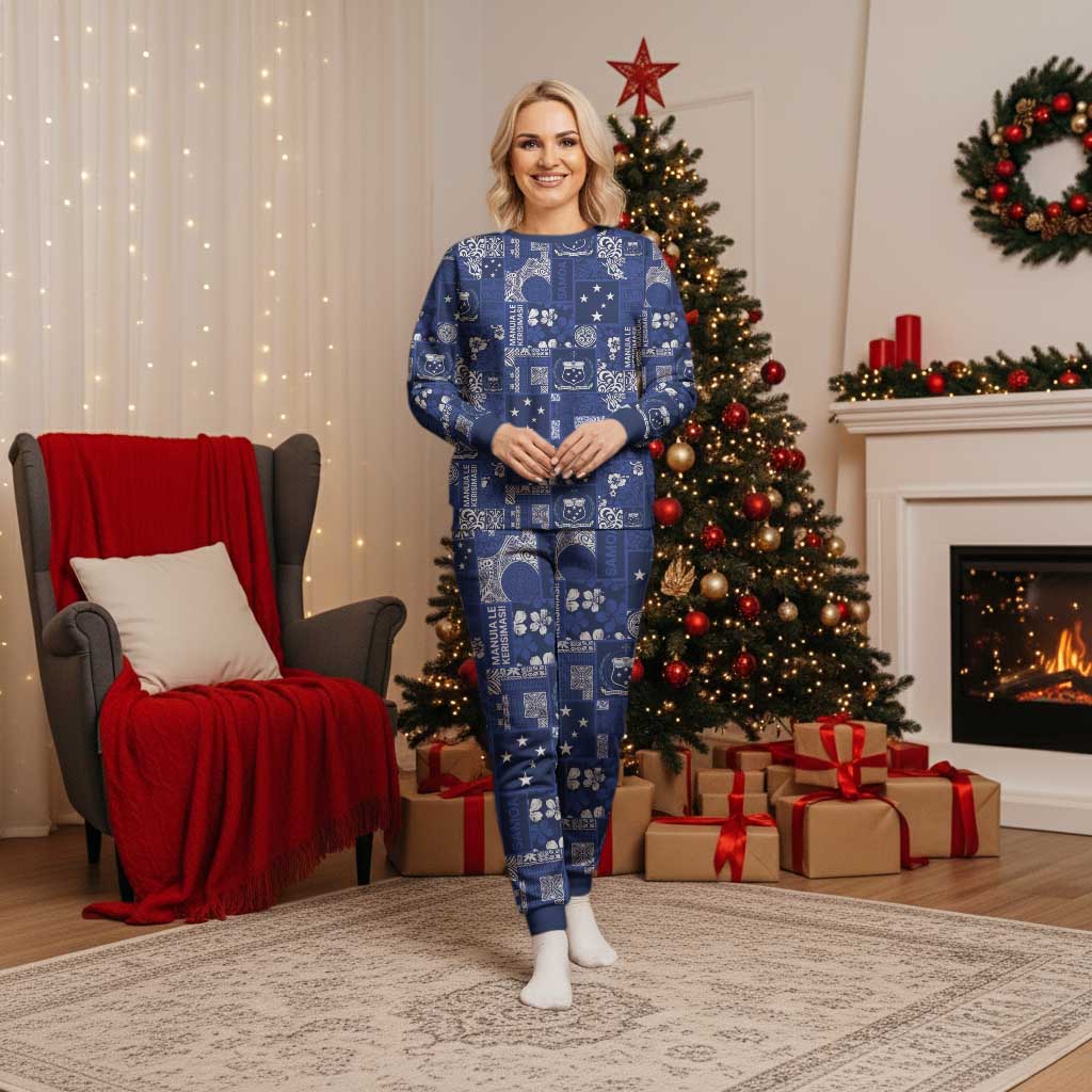 Blue Samoa Manuia Le Kerisimasi Christmas Pajama Set Pacific Patchwork Xmas Vibes LT9 Women Blue - Polynesian Pride