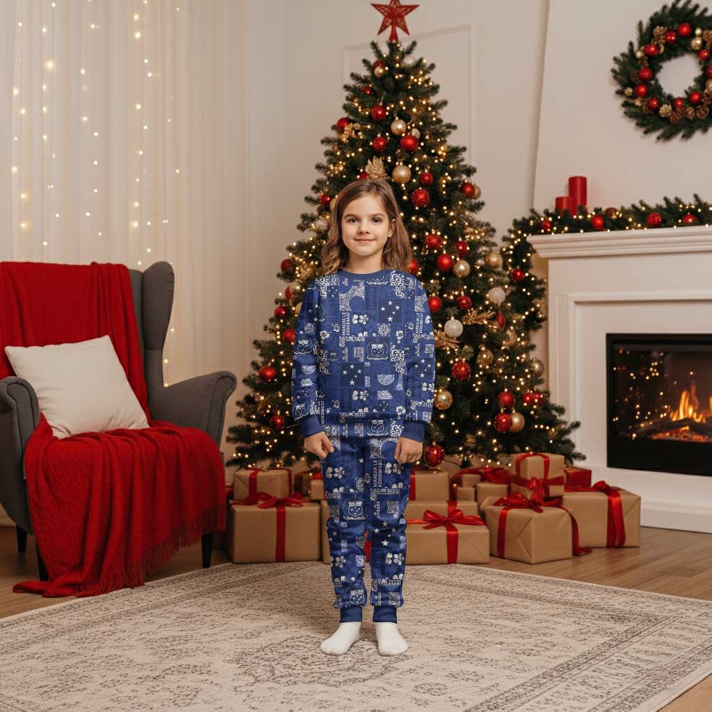 Blue Samoa Manuia Le Kerisimasi Christmas Pajama Set Pacific Patchwork Xmas Vibes LT9 Kid Blue - Polynesian Pride