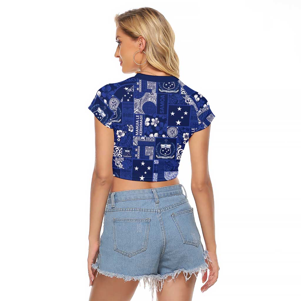 Blue Samoa Manuia Le Kerisimasi Raglan Cropped T Shirt Pacific Patchwork Xmas Vibes - Polynesian Pride