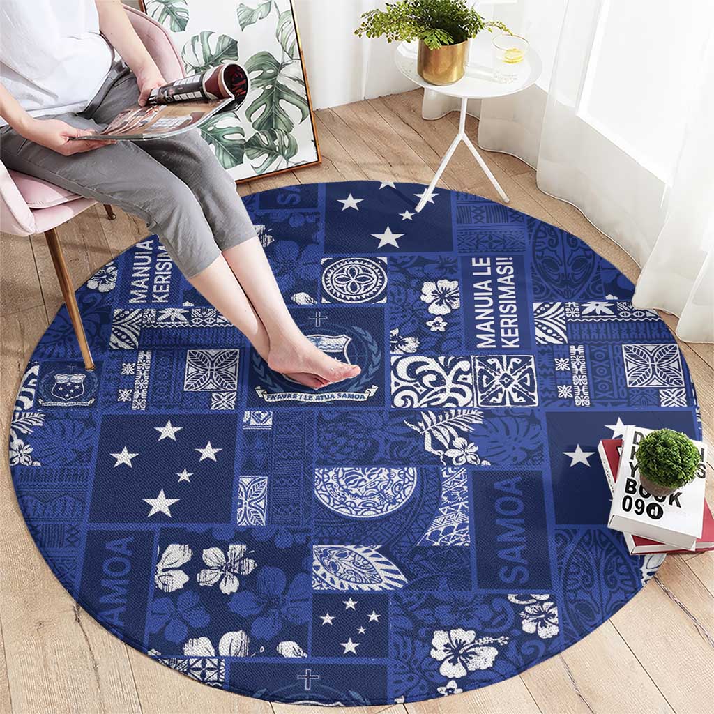 Blue Samoa Manuia Le Kerisimasi Round Carpet Pacific Patchwork Xmas Vibes - Polynesian Pride