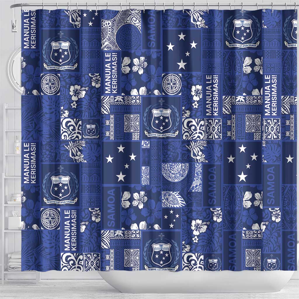 Blue Samoa Manuia Le Kerisimasi Shower Curtain Pacific Patchwork Xmas Vibes - Polynesian Pride