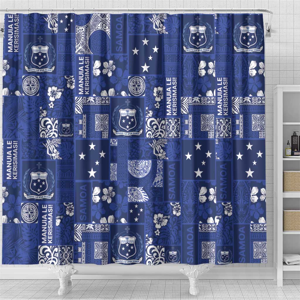 Blue Samoa Manuia Le Kerisimasi Shower Curtain Pacific Patchwork Xmas Vibes - Polynesian Pride