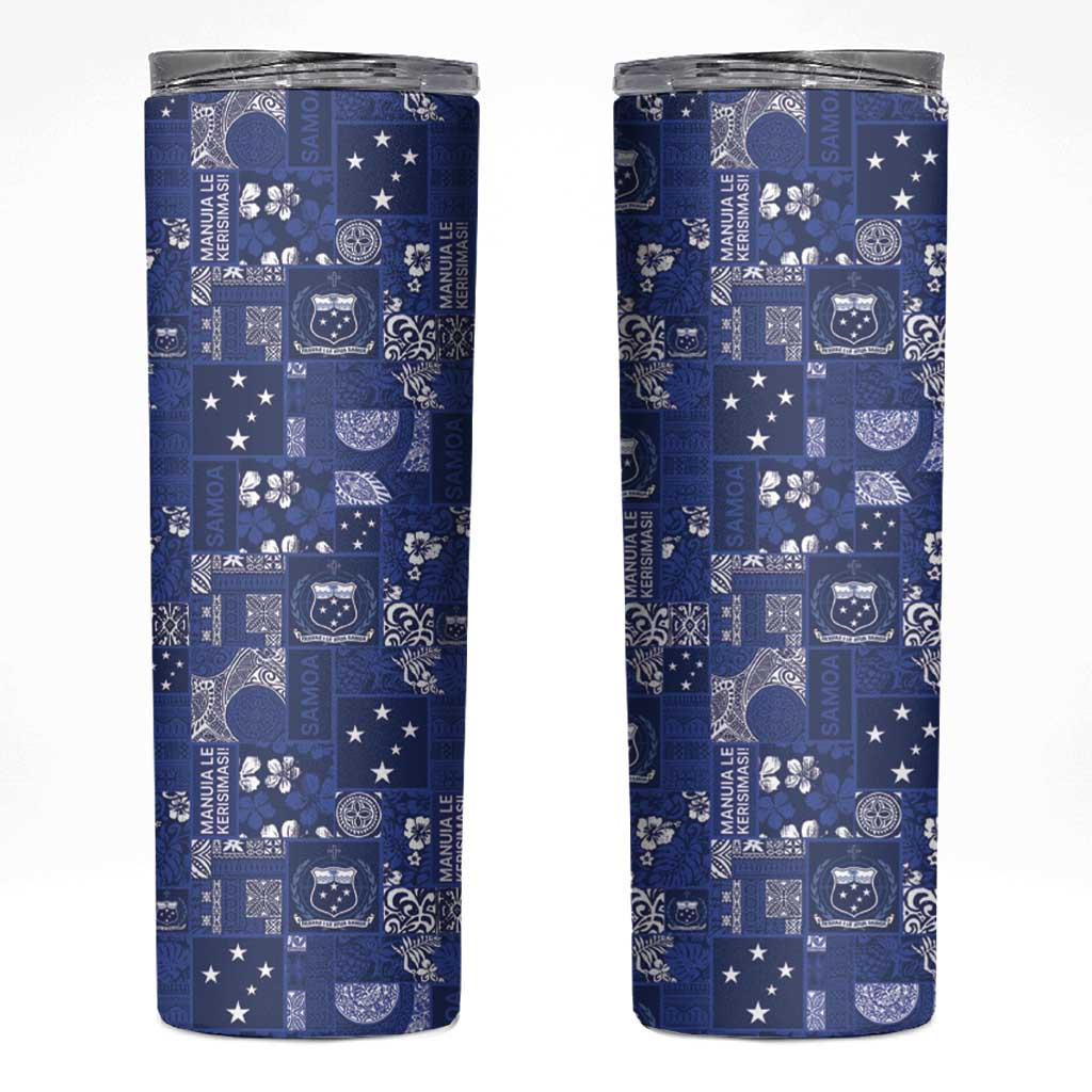 Blue Samoa Manuia Le Kerisimasi Skinny Tumbler Pacific Patchwork Xmas Vibes - Polynesian Pride