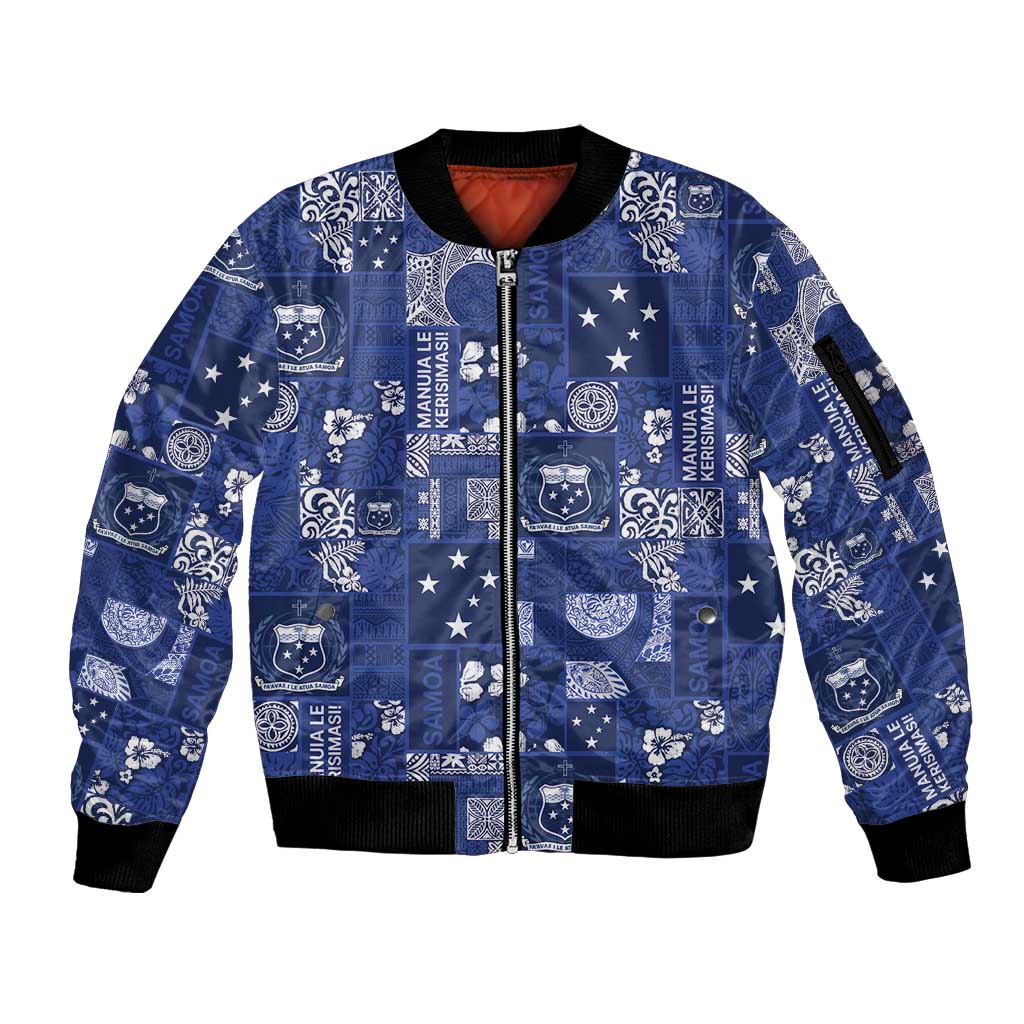 Blue Samoa Manuia Le Kerisimasi Sleeve Zip Bomber Jacket Pacific Patchwork Xmas Vibes LT9 Unisex Blue - Polynesian Pride
