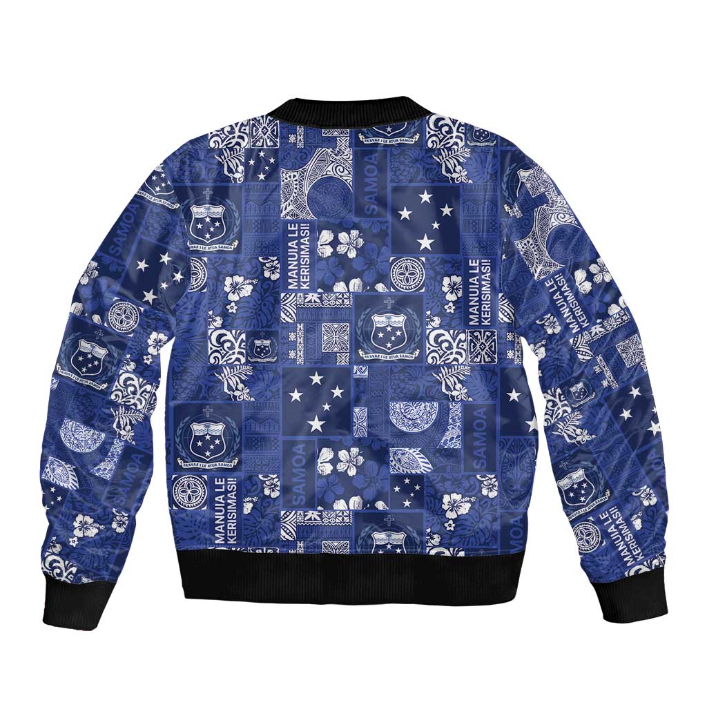 Blue Samoa Manuia Le Kerisimasi Sleeve Zip Bomber Jacket Pacific Patchwork Xmas Vibes LT9 - Polynesian Pride