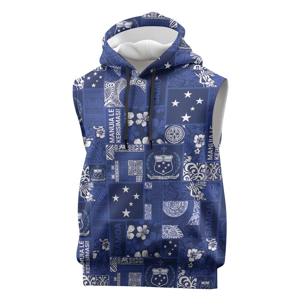 Blue Samoa Manuia Le Kerisimasi Sleeveless Hoodie Pacific Patchwork Xmas Vibes LT9 Blue - Polynesian Pride
