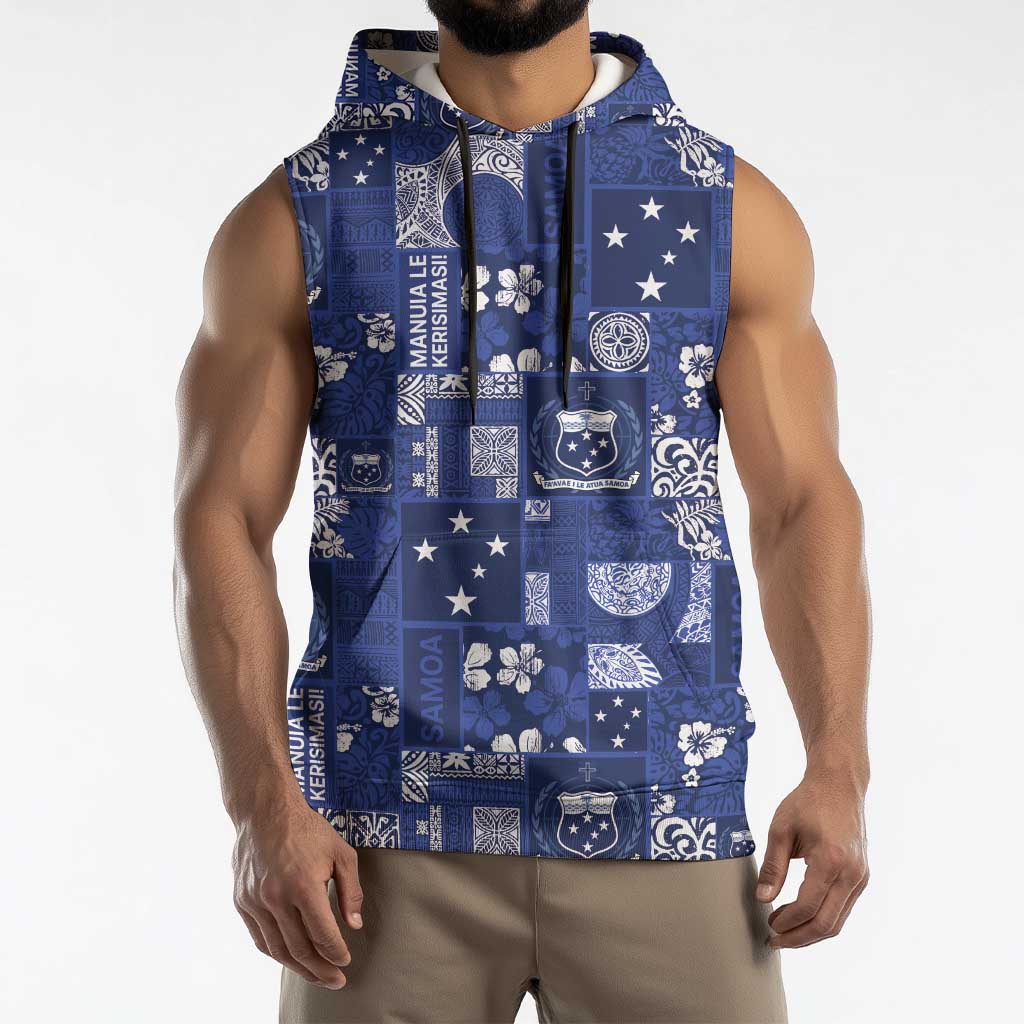 Blue Samoa Manuia Le Kerisimasi Sleeveless Hoodie Pacific Patchwork Xmas Vibes LT9 - Polynesian Pride