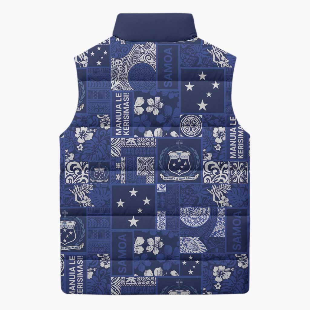 Blue Samoa Manuia Le Kerisimasi Sleeveless Puffer Jacket Pacific Patchwork Xmas Vibes LT9 - Polynesian Pride