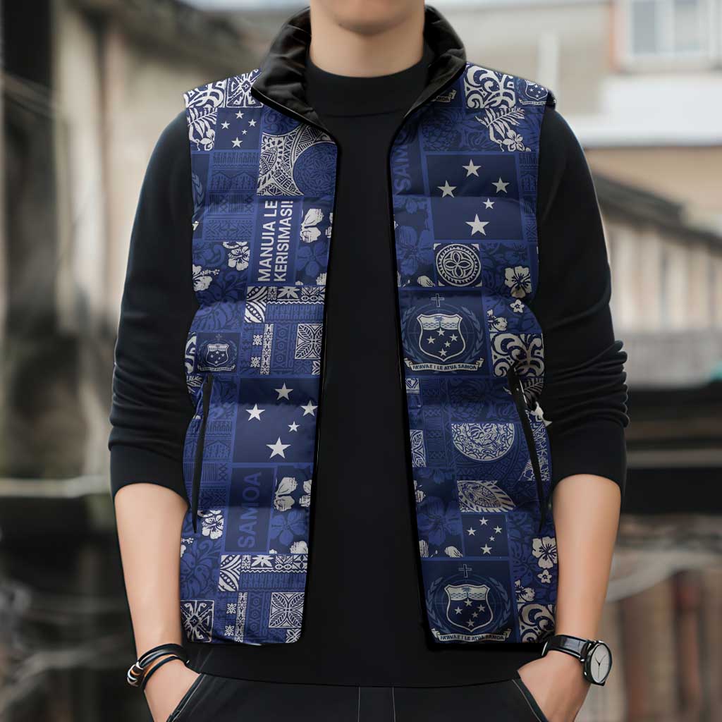 Blue Samoa Manuia Le Kerisimasi Sleeveless Puffer Jacket Pacific Patchwork Xmas Vibes LT9 - Polynesian Pride