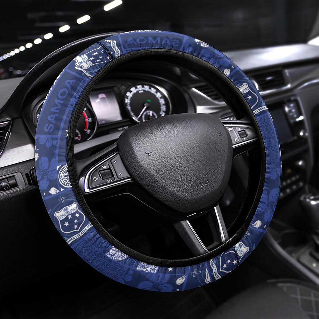 Blue Samoa Manuia Le Kerisimasi Steering Wheel Cover Pacific Patchwork Xmas Vibes LT9 Universal Fit Blue - Polynesian Pride