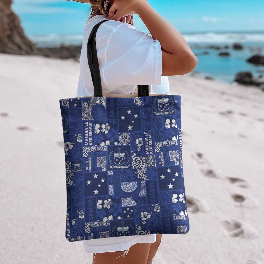 Blue Samoa Manuia Le Kerisimasi Tote Bag Pacific Patchwork Xmas Vibes - Polynesian Pride