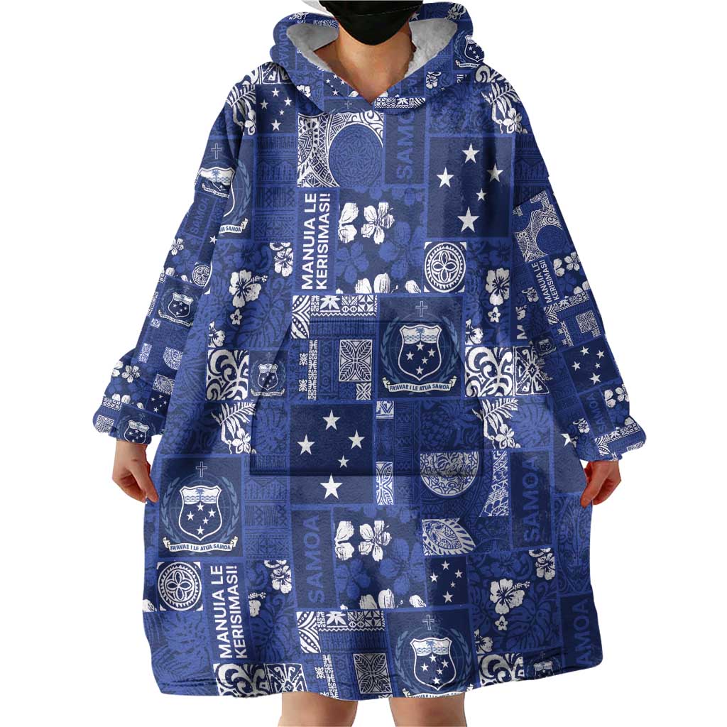 Blue Samoa Manuia Le Kerisimasi Wearable Blanket Hoodie Pacific Patchwork Xmas Vibes LT9 - Polynesian Pride