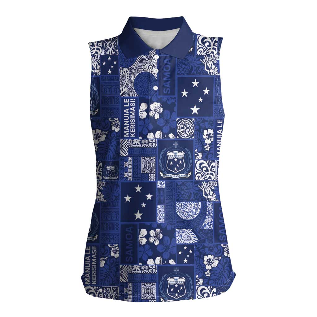 Blue Samoa Manuia Le Kerisimasi Women Sleeveless Polo Shirt Pacific Patchwork Xmas Vibes LT9 Female Blue - Polynesian Pride