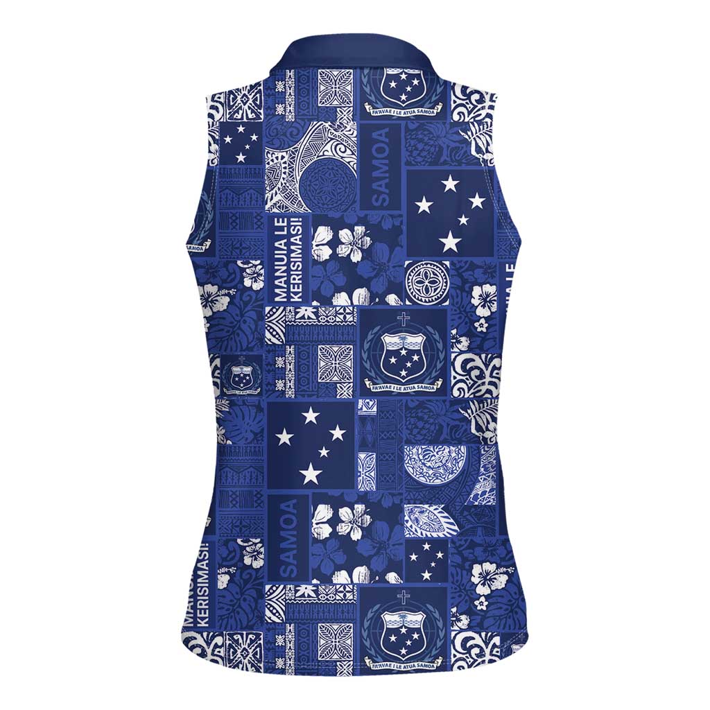 Blue Samoa Manuia Le Kerisimasi Women Sleeveless Polo Shirt Pacific Patchwork Xmas Vibes LT9 - Polynesian Pride